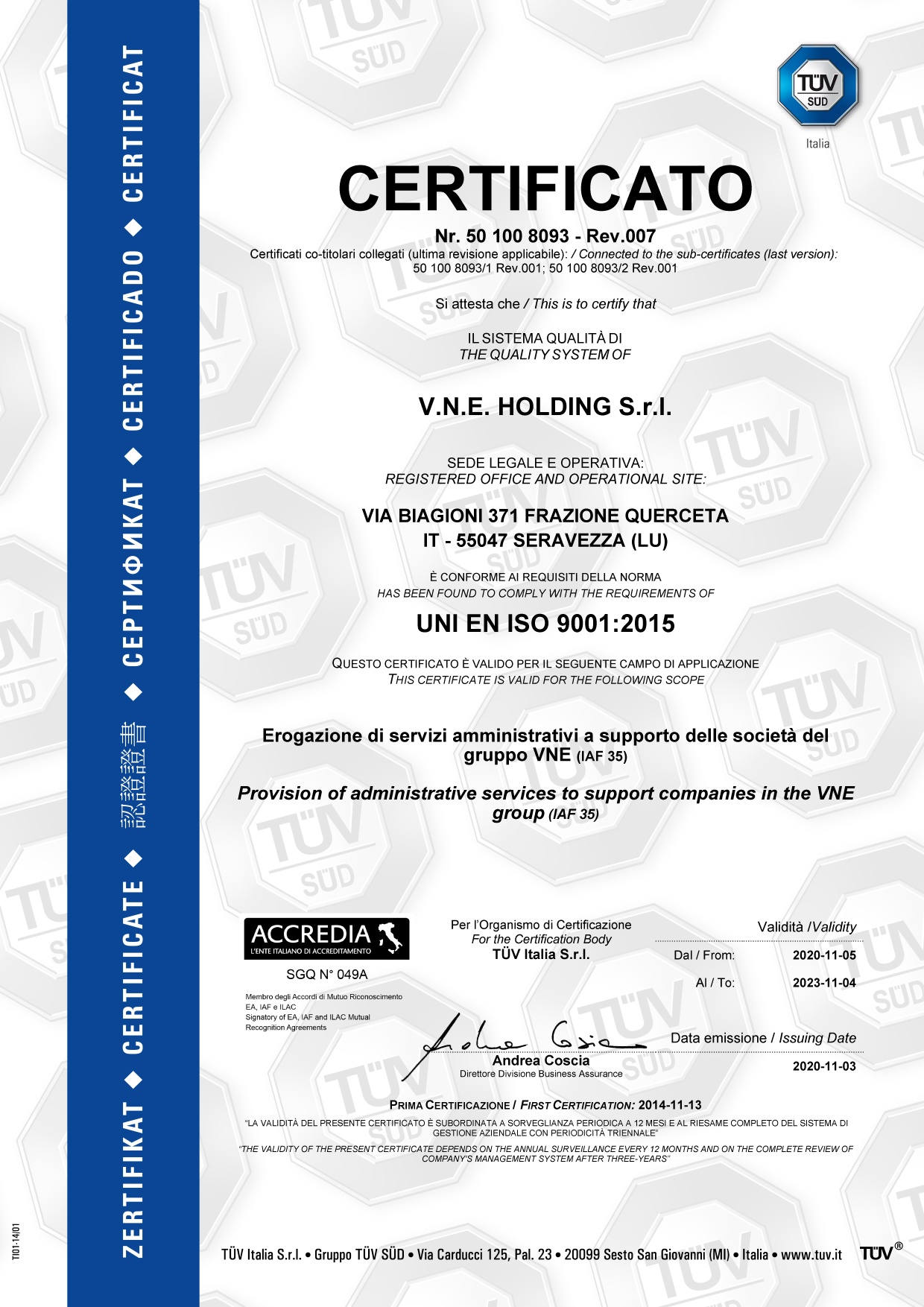 CERT8093REV007 VNE Holding - Certifications - vne -